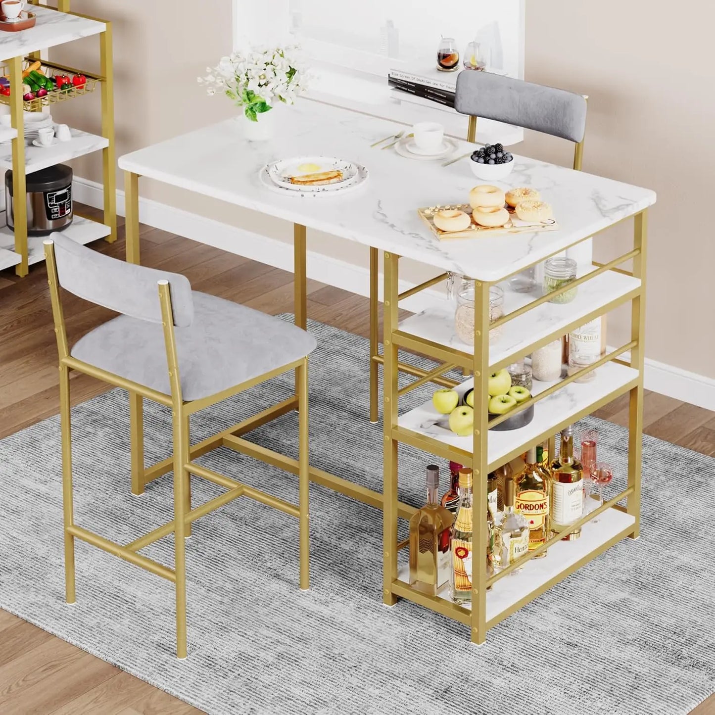 3-Piece Bar Table and Chairs Set with 3 Tier Storage Shelves,  with PU Cushion Bar Chairs