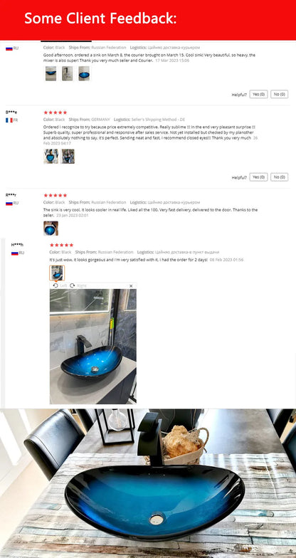 Tempered Glass Washbasin with Black Waterfall Faucet Bathroom Countertop Basin Sinks