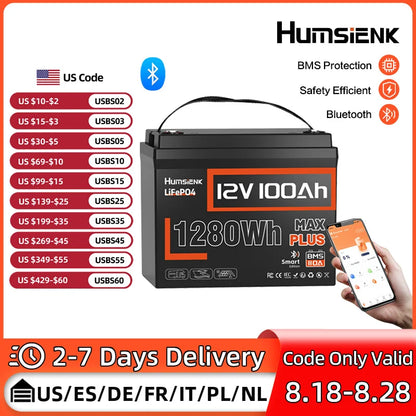 12V 100AH LiFePO4 Lithium Battery With Bluetooth Monitor Battery info 1280Wh For RV, Camper, Golf Cart, Trolling Motor