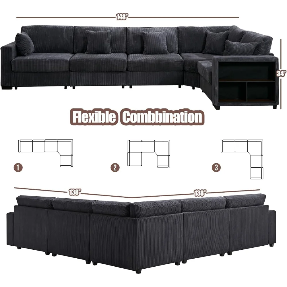Corduroy Large Sectional Sofa Couches for Livingroom, Oversized 5 Seat L-Shaped Sofa Set with Chaise&Storage Cabinet