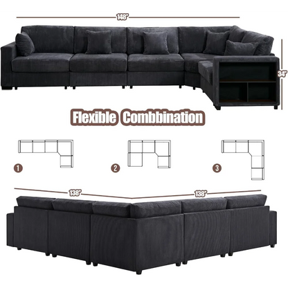 Corduroy Large Sectional Sofa Couches for Livingroom, Oversized 5 Seat L-Shaped Sofa Set with Chaise&Storage Cabinet