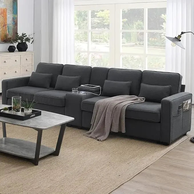 Linen Fabric Sectional Sofa with Console,114.2inch  4-Seat Couch with 4 Pillows