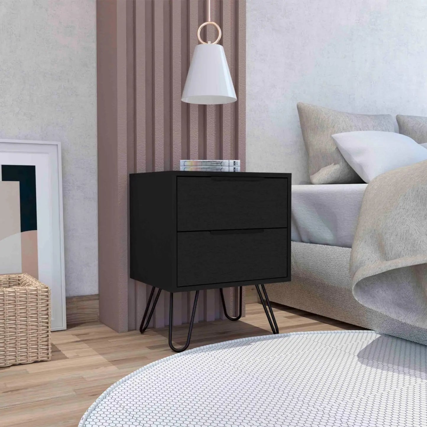 Augusta 2 Nightstand, Four Hairpin Legs, Two Drawers Black Vintage look