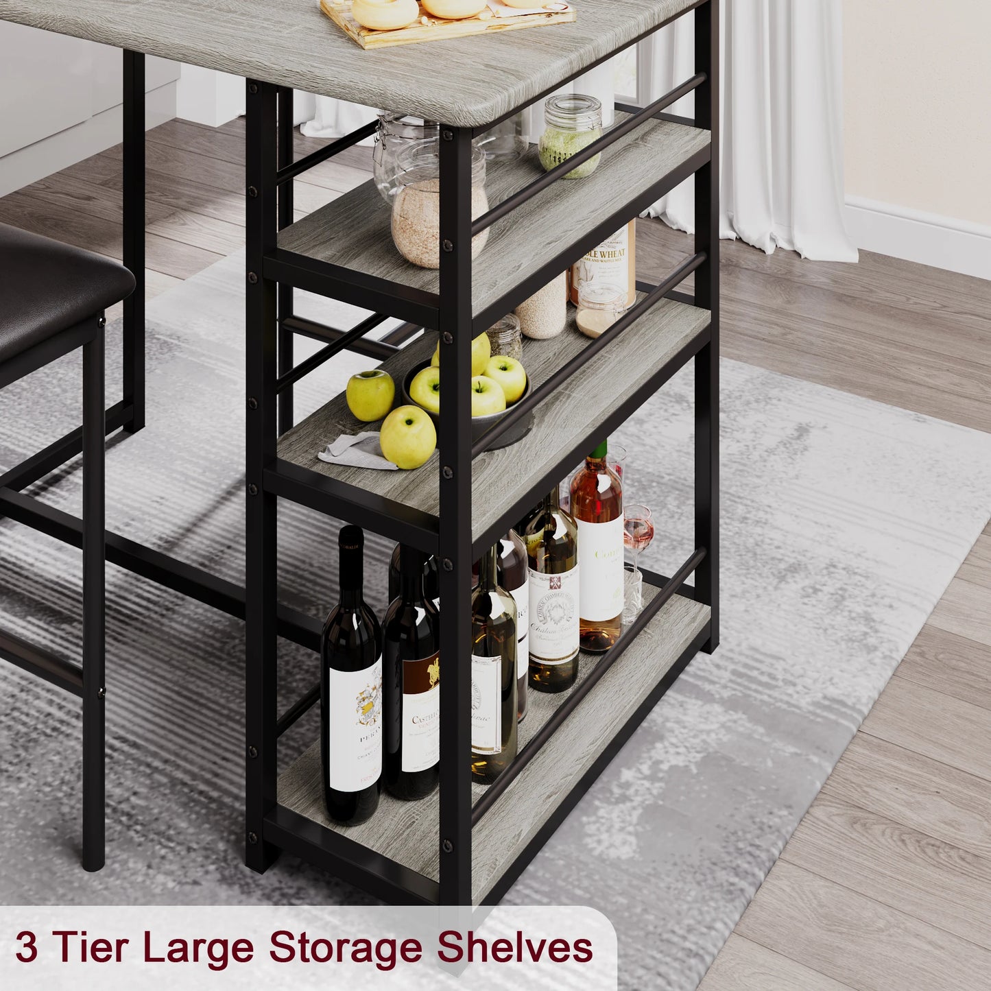 Dining Table Set for 2, Kitchen Table and Upholstered Chairs for 2.3-Piece Bar Table Set with 3 Large Shelves for Small Space