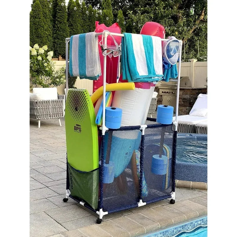 Pool Equipment Holder with Towel Drying Bars, Mesh Rolling
