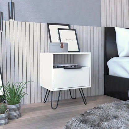 Augusta Nightstand, Single Door Cabinet, Hairpin Legs White Vintage Look