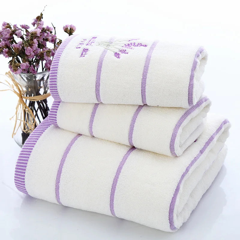 Luxury White / Lavender Cotton Bath Towel & Two Face Towels