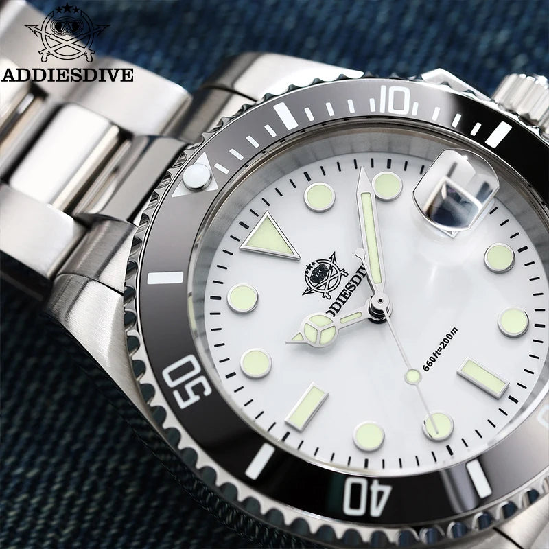 ADDIESDIVE Quartz Watch 316L Stainless Steel Windows Display Blue luminous 20Bar Ceramic Ring Waterproof Scuba