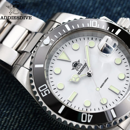 ADDIESDIVE Quartz Watch 316L Stainless Steel Windows Display Blue luminous 20Bar Ceramic Ring Waterproof Scuba