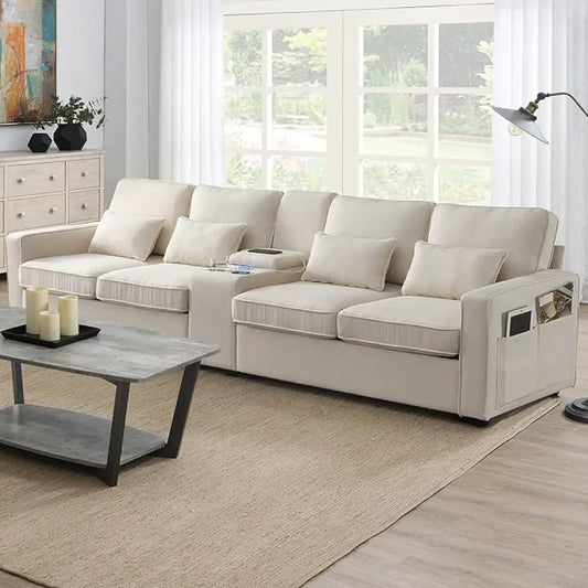Linen Fabric Sectional Sofa with Console,114.2inch  4-Seat Couch with 4 Pillows