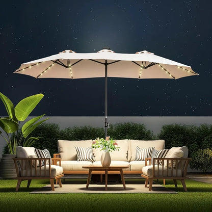 Double Sided Patio Umbrella - 13ft Solar Lights LED Lighted with Base Included