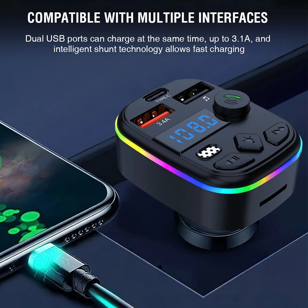 Hands Free Wireless MP3 Player Bluetooth-Compatible 5.3 Support TF Card U Disk Cell Phone Charger Car FM Transmitter