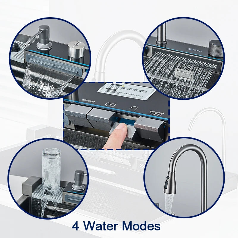304 Stainless Steel Kitchen Sink with Digital Display Waterfall Faucet, Multifunctional Large Single Slot Whale Sink
