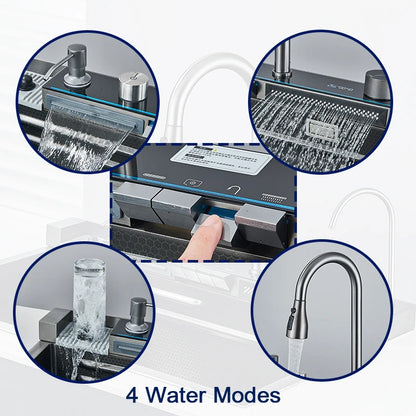 304 Stainless Steel Kitchen Sink with Digital Display Waterfall Faucet, Multifunctional Large Single Slot Whale Sink
