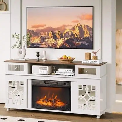 Fireplace TV Stand with Sliding Mirrored Door for TVs up to 70", Entertainment Center with Storage Cabinet and Shelves,