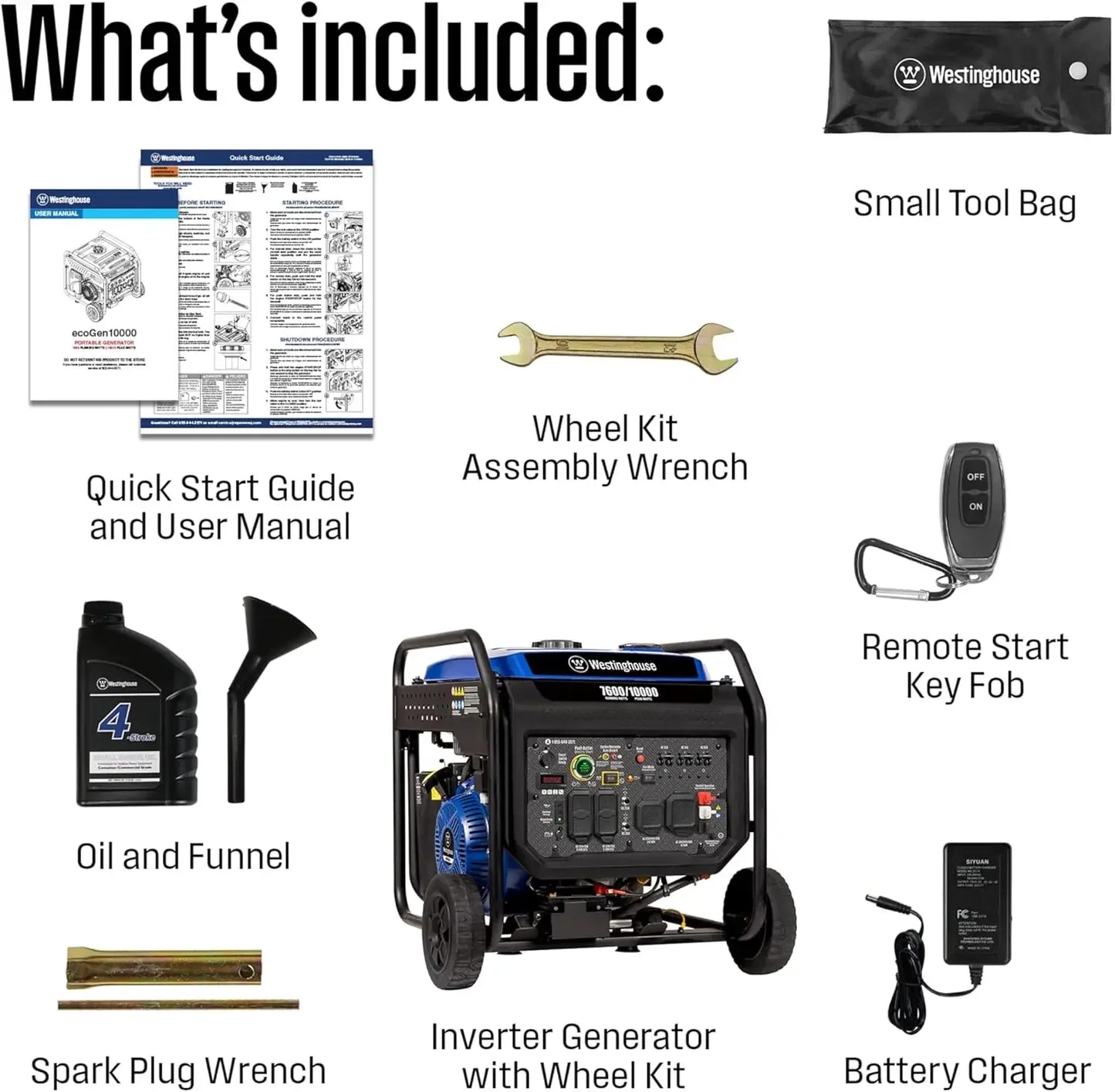 10000 Peak Watt Portable Open Frame Inverter Generator, Remote Electric Start with Auto Choke, Transfer Switch Ready