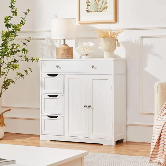Bathroom Free-Standing Floor Cabinet, Practical Storage Cabinet with 4 Drawers and 2 Doors