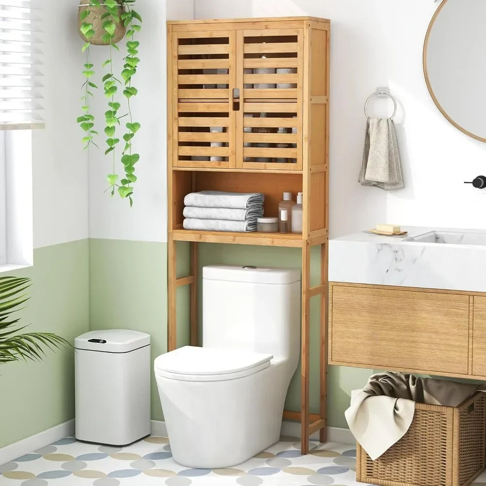 Freestanding tall bamboo bathroom shelf with two doors and open storage above toilet