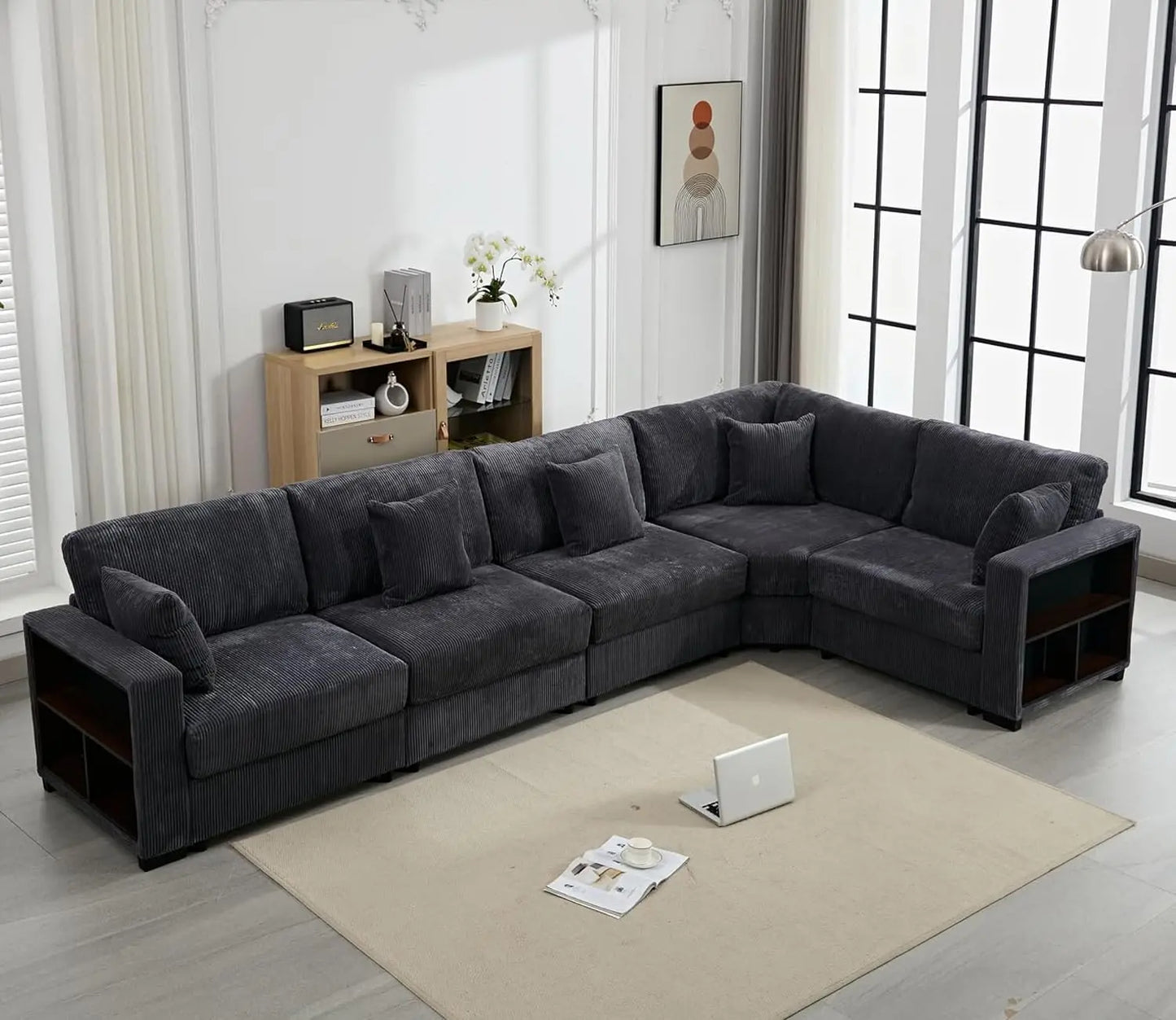 Corduroy Large Sectional Sofa Couches for Livingroom, Oversized 5 Seat L-Shaped Sofa Set with Chaise&Storage Cabinet
