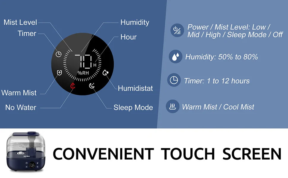 SEJOY 5L Humidifiers for Bedroom Large Capacity Low Noise for Home Office Ultrasonic Mist Humidifier