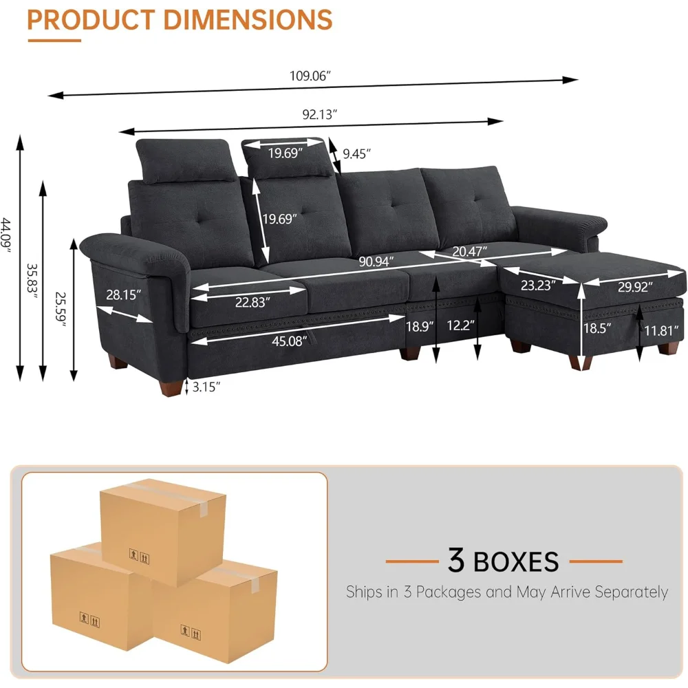 110" Sectional Sofa, Convertible L Shaped Sofa with Ottoman and Large Storage, 4 Seat Sectional with Cup Holder