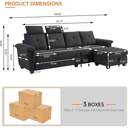 110" Sectional Sofa, Convertible L Shaped Sofa with Ottoman and Large Storage, 4 Seat Sectional with Cup Holder