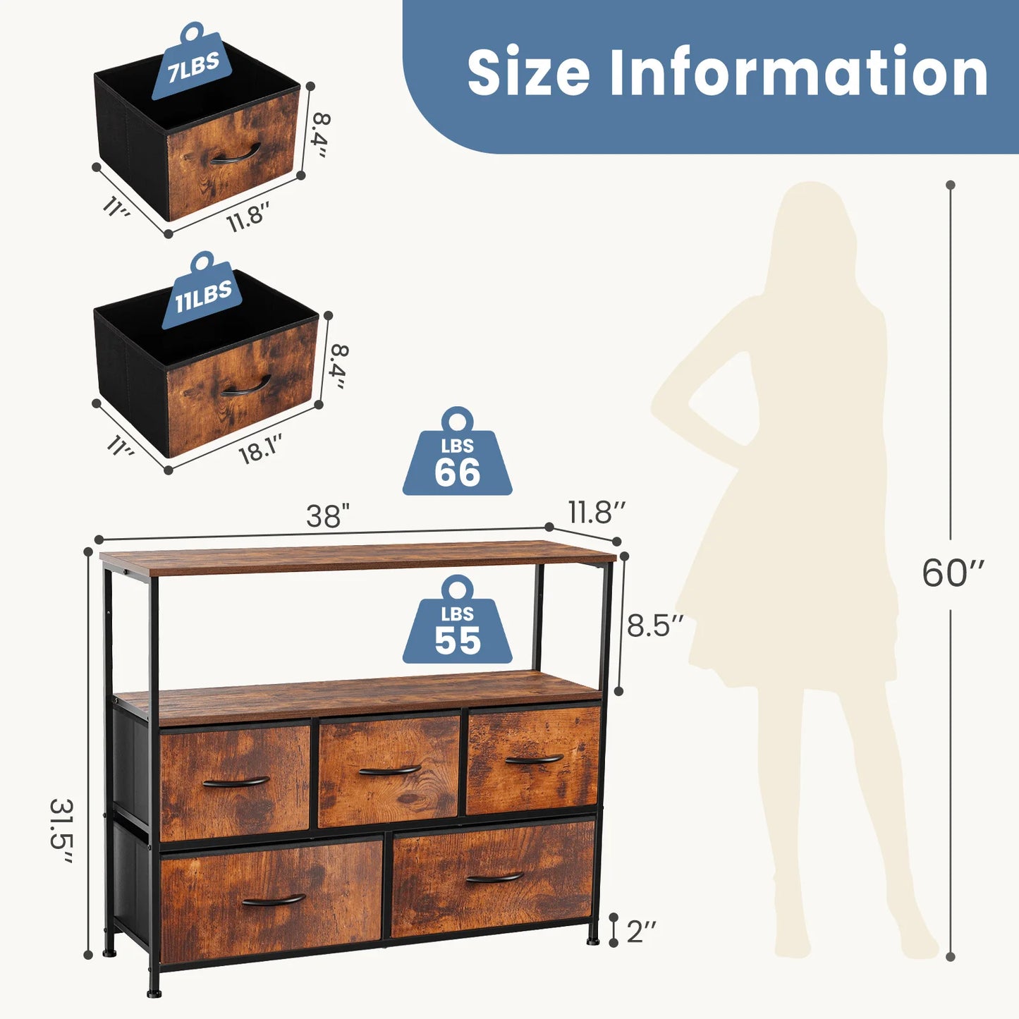 TV Stand Dresser Drawers For Bedroom With 5 Fabric Drawers