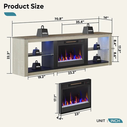 Fireplace TV Stand for 75 inch TV with 23 inch Electric Fireplace, 70 inch Entertainment Center for Living Room with LED Light