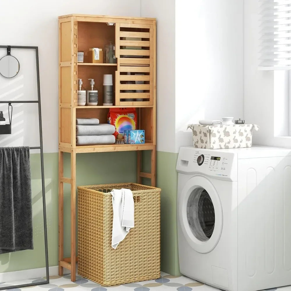 Freestanding tall bamboo bathroom shelf with two doors and open storage above toilet