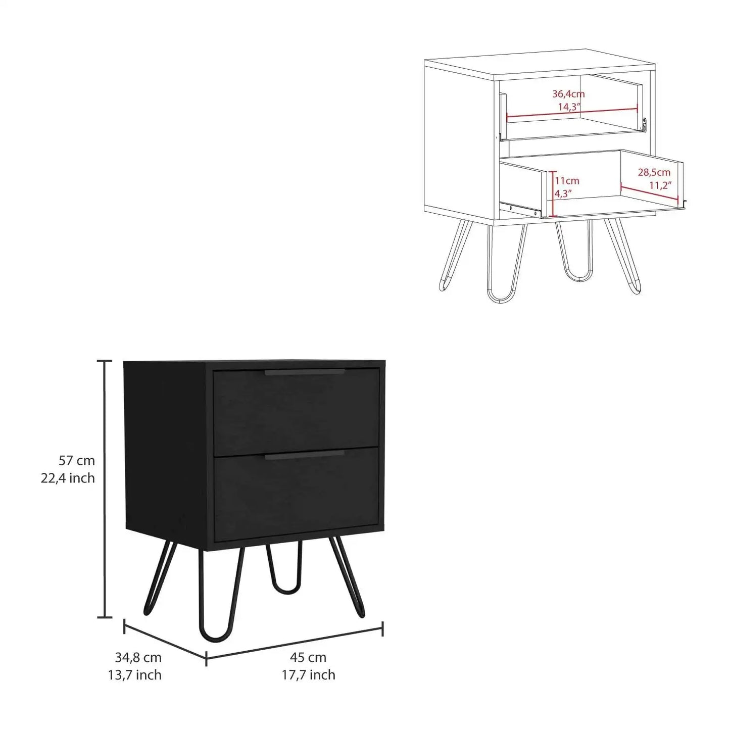 Augusta 2 Nightstand, Four Hairpin Legs, Two Drawers Black Vintage look