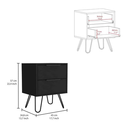 Augusta 2 Nightstand, Four Hairpin Legs, Two Drawers Black Vintage look