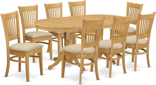9 Piece Kitchen Set Includes an Oval Table with Butterfly Leaf and 8 Linen Fabric Dining Room Chairs