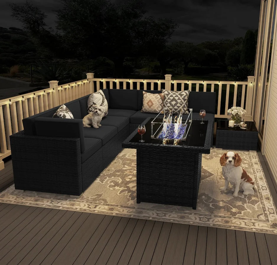 8 Pieces Patio Furniture Set with 44" Propane Gas Fire Pit Table, Outdoor Sectional Wicker Conversation Sofa Sets with Table