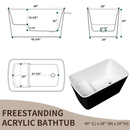 49'' Acrylic Freestanding Soaking Bathtub, Square-shape Japanese Soaking Hot Tub, Sit-In Design with Chrome Overflow