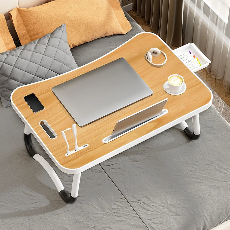Portable Laptop Desk with USB Light, Small Fan, Cup Holder, Tablet Slot, and Lifting Handle