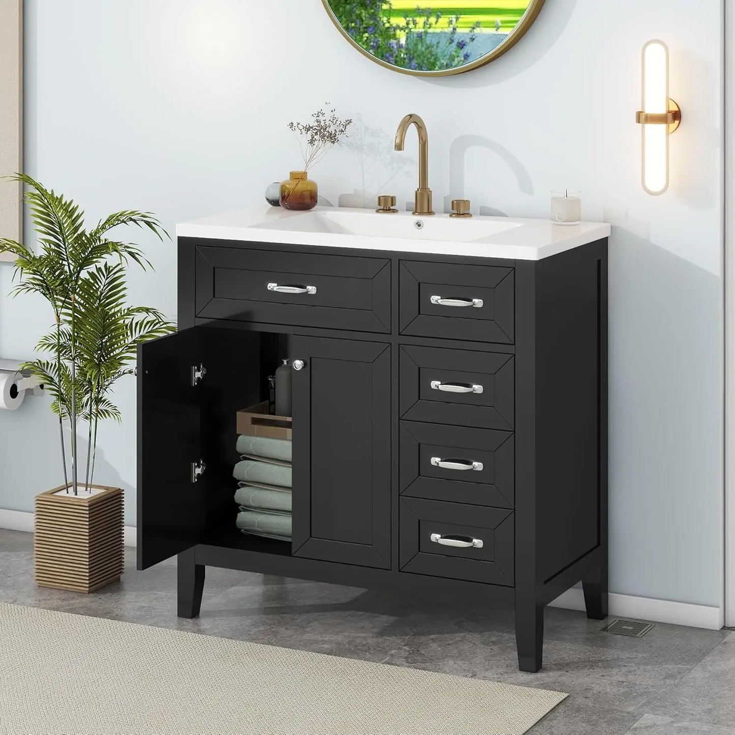 36 inch Bathroom Vanity with Sink, Wood  Storage Cabinet with 3 Drawer, 1 Bottom Divider Drawer