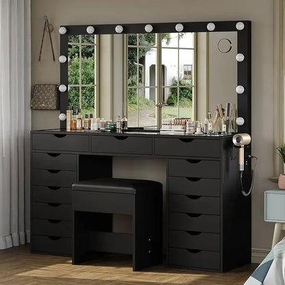 Vanity Desk with Mirror and Lights, with Charging Station, 15 Drawers