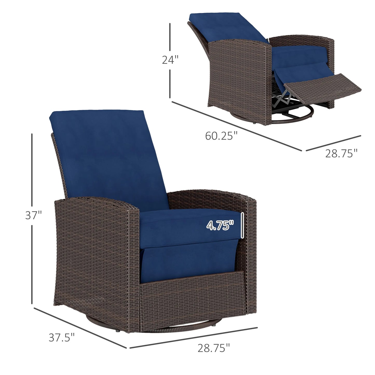 Reclining Rattan 360 °   Swivel Chair, Outdoor Patio Cushioned Recliner Dark Blue