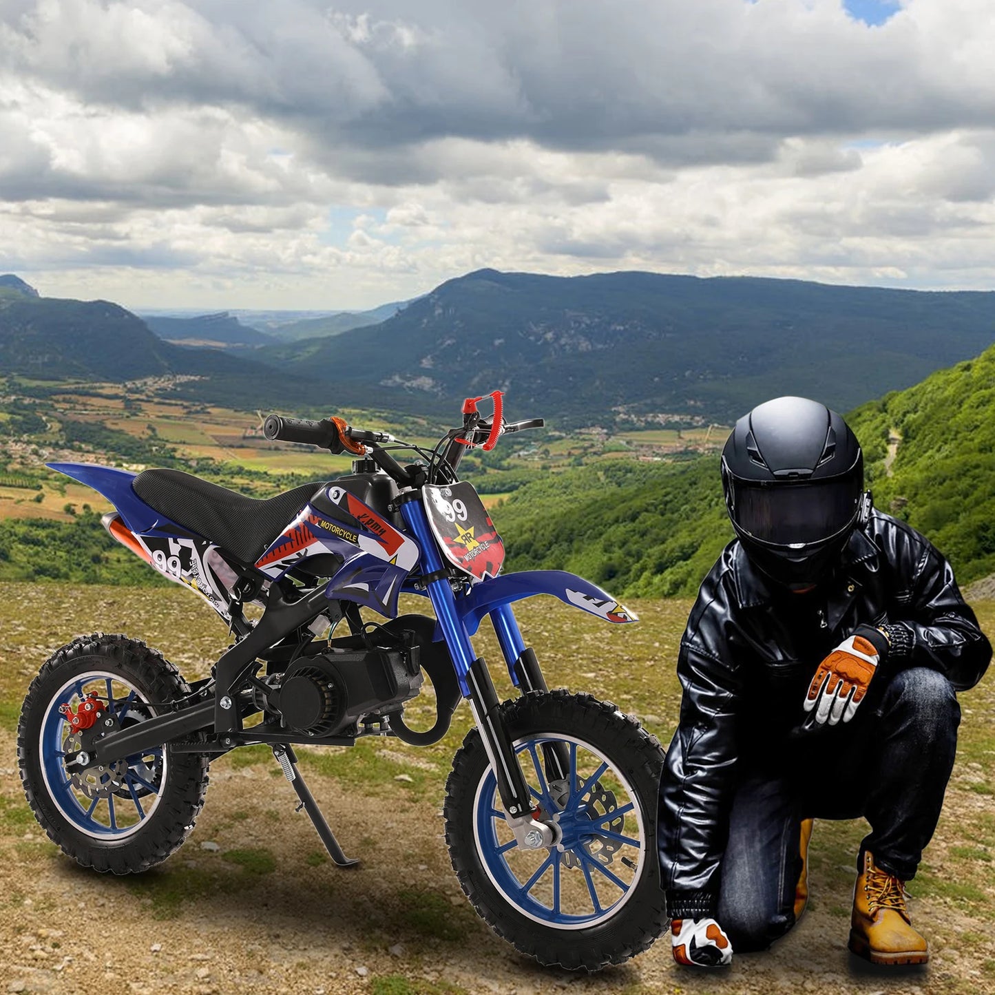49cc 2-Stroke Dirt Bike, Gas Power Motocross, Off Road Mini Motorcycle with Front Rear Disc Brakes, Max Speed 40KM/H (Blue)