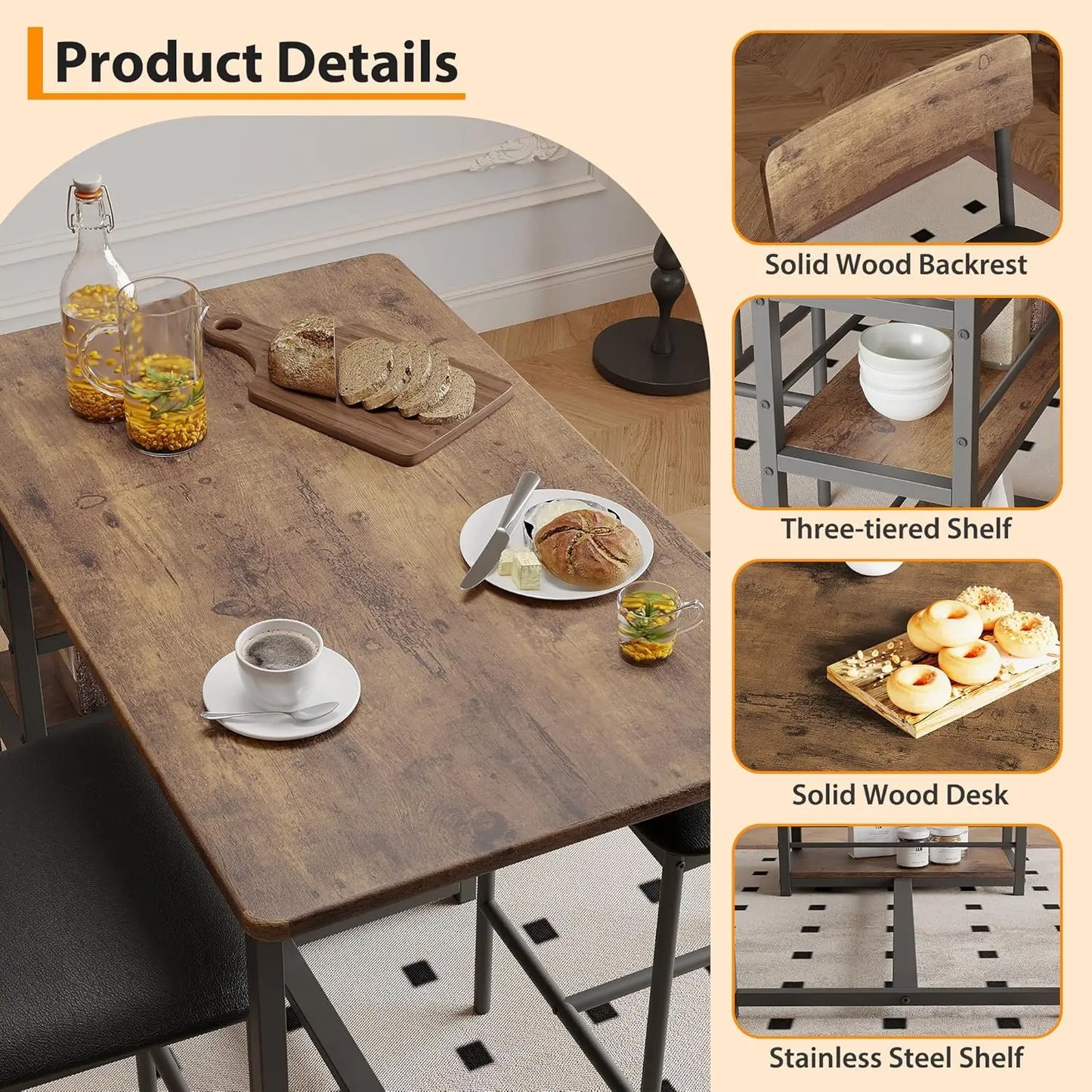 3-Piece Bar Table and Chairs Set with 3 Tier Storage Shelves,  with PU Cushion Bar Chairs