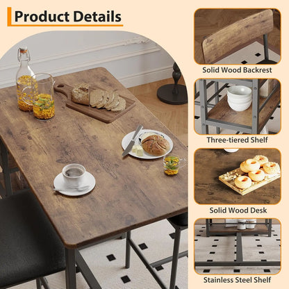 3-Piece Bar Table and Chairs Set with 3 Tier Storage Shelves,  with PU Cushion Bar Chairs