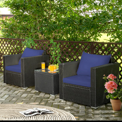 3PCS Patio Rattan Wicker Furniture Set Sofa Table W/Cushion Navy Blue