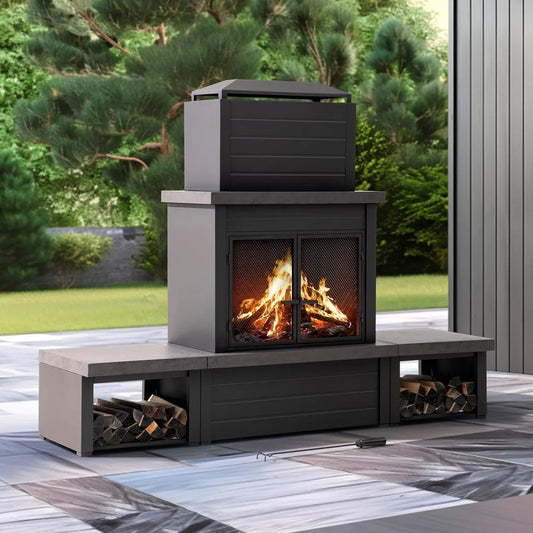 Outdoor Fireplace with Wood Storage and Chimney, Steel Metal Fire Pit