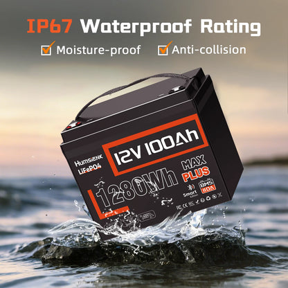12V 100AH LiFePO4 Lithium Battery With Bluetooth Monitor Battery info 1280Wh For RV, Camper, Golf Cart, Trolling Motor