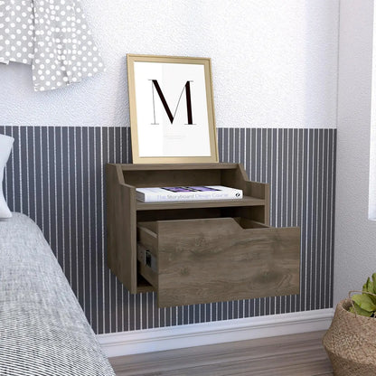 Busan Modern Floating Nightstand, Single-Drawer Design with Sleek Two-Tiered Top Shelf Surfaces Dark Brown
