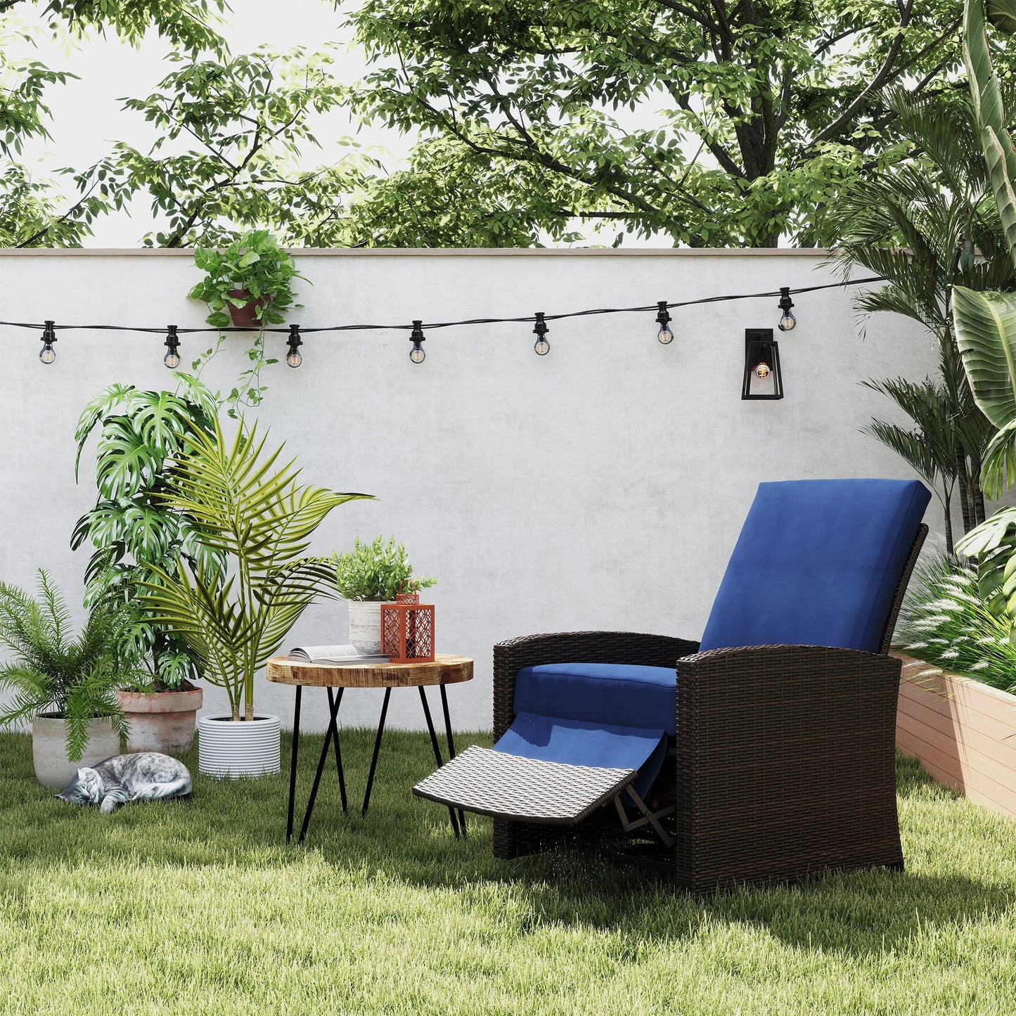 Reclining Rattan 360 °   Swivel Chair, Outdoor Patio Cushioned Recliner Dark Blue