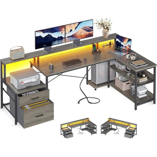 L Shaped Computer Desk with File Drawer, Power Outlet & LED Strip