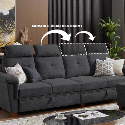 110" Sectional Sofa, Convertible L Shaped Sofa with Ottoman and Large Storage, 4 Seat Sectional with Cup Holder