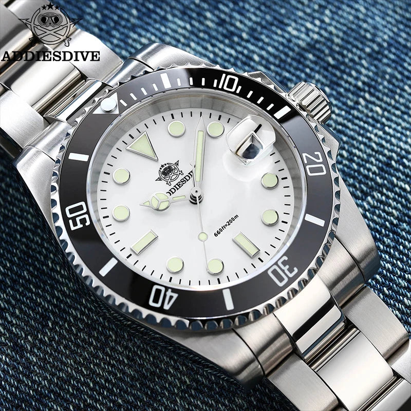 ADDIESDIVE Quartz Watch 316L Stainless Steel Windows Display Blue luminous 20Bar Ceramic Ring Waterproof Scuba