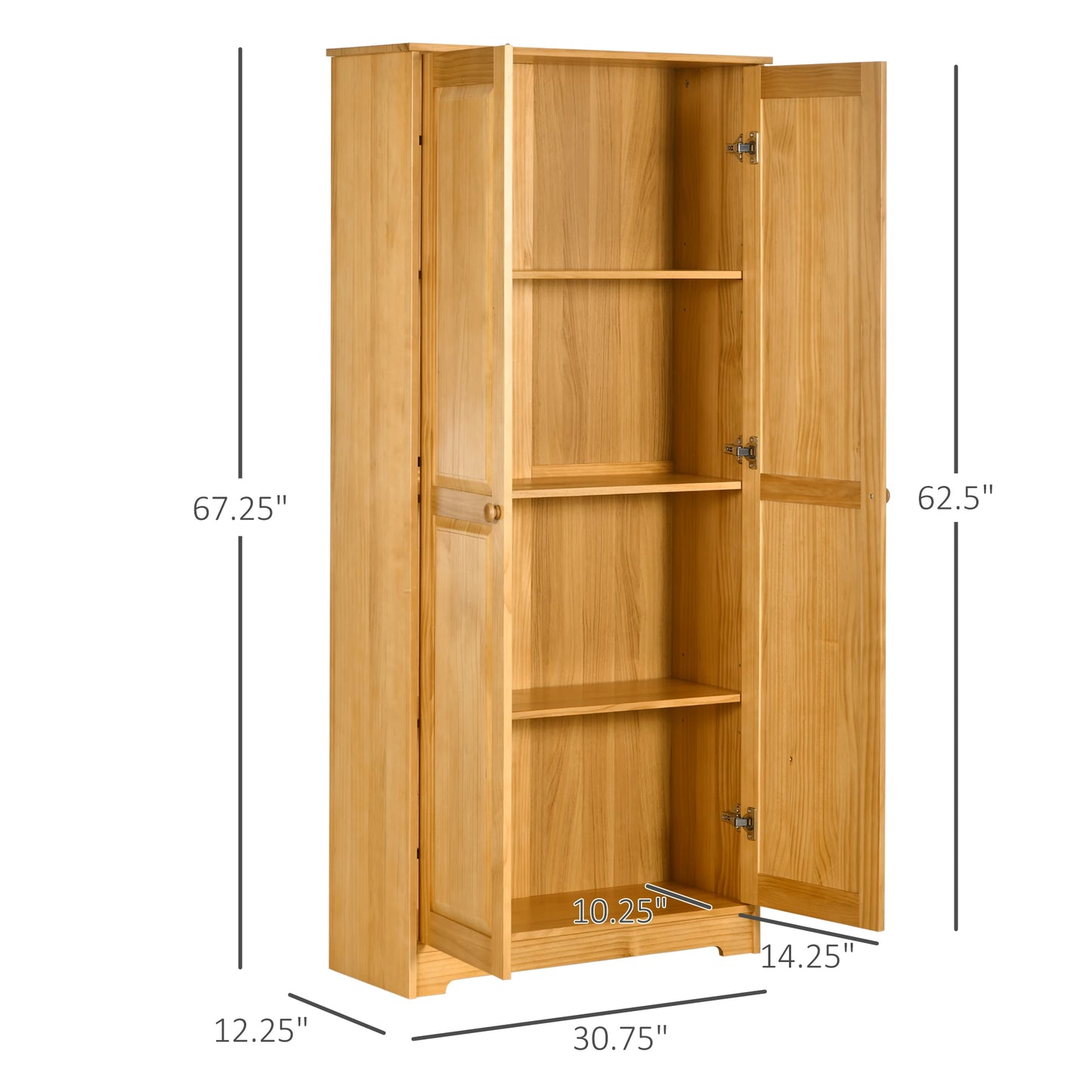 Homcom 67" Pinewood Kitchen Pantry Storage Cabinet with 2 Doors, Brown